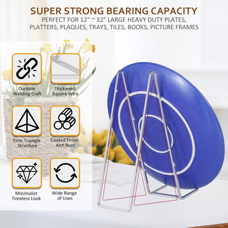 DIDUDIDU Large Plate Holder Display Stand - 12 inch Super Tall Big Plate Stands for Heavy Duty Display - Metal Picture Frame Stand - Tabletop Easel Stand for Decorative Platter | Plaque | Book - 2 Pack -Silver - Image 3